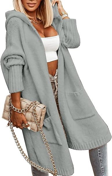 Jasmine - 2023 Lässiger offener Strickmantel mit Kapuze in mittlerer Länge Strickmantel