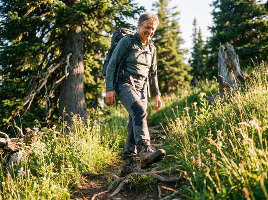 Mann bei einer langen Sommerwanderung auf einem Naturweg mit bequemen Wanderschuhen und funktionaler Outdoor-Kleidung.