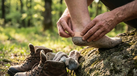 Hände kleben ein Pflaster auf die Ferse beim Wandern – Wanderschuhe und Socken auf einem Felsen im Wald