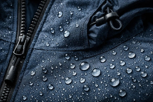 Detail einer wasserabweisenden Outdoor-Jacke mit Wassertropfen auf dem technischen Gewebe