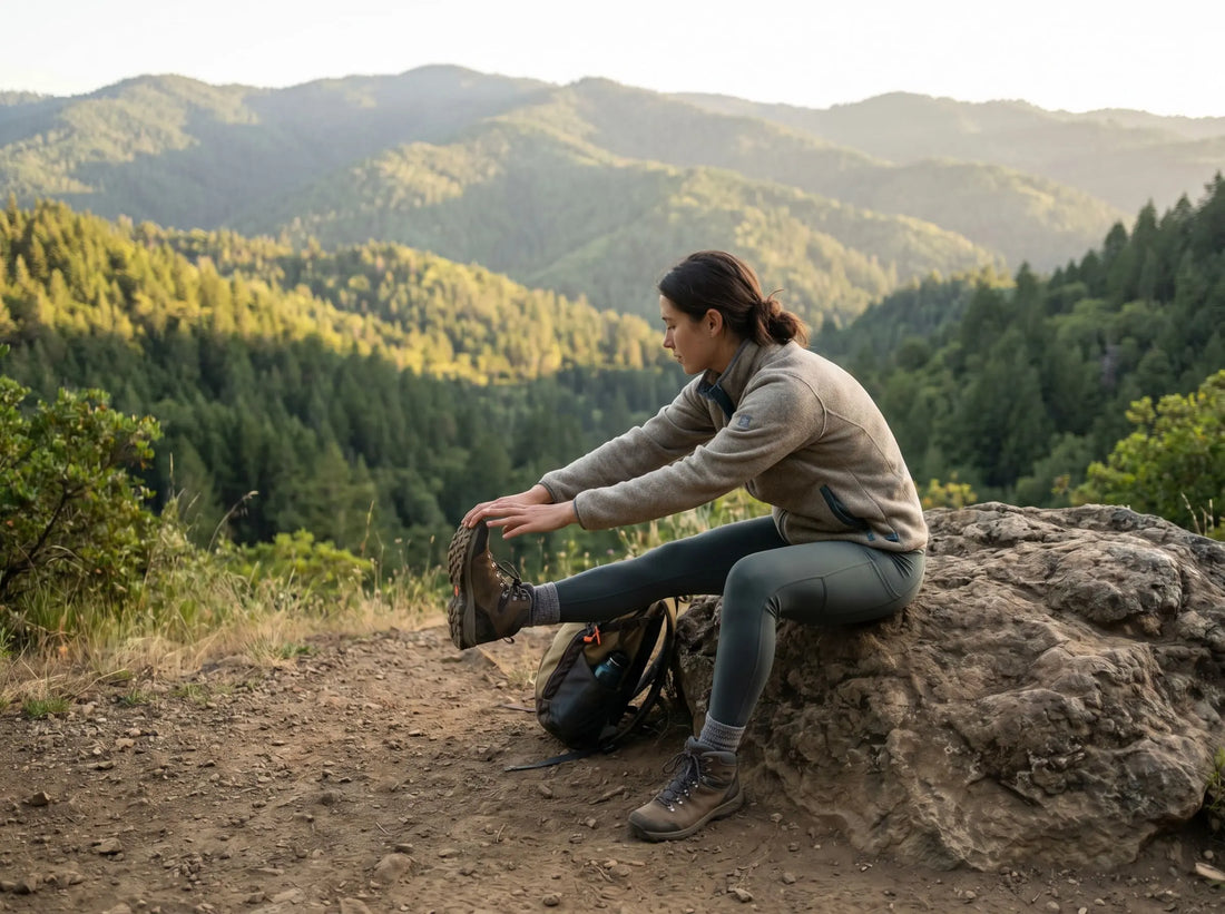 Person sitzt auf einem Felsen und dehnt die Beine nach einer Wanderung – aktive Regeneration mit Blick auf ein grünes Bergpanorama