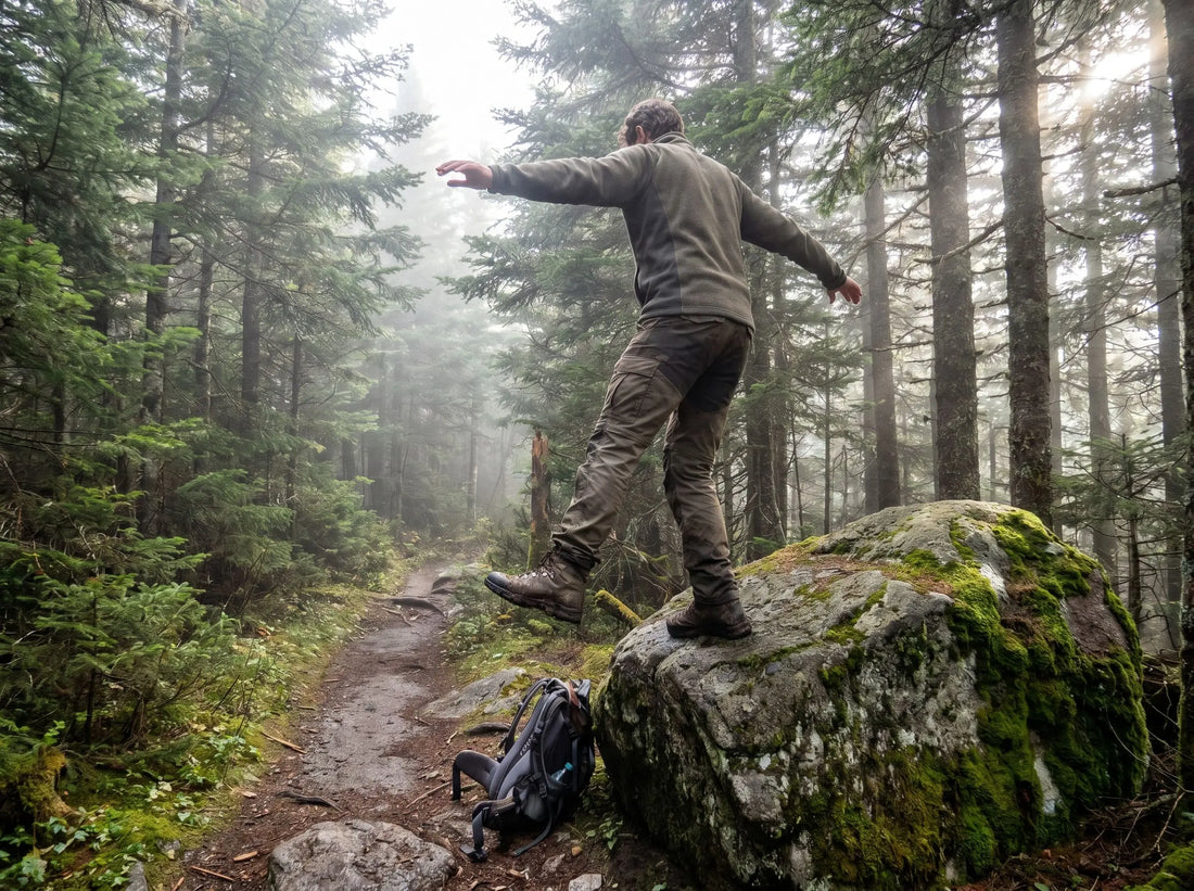 Person balanciert auf einem Bein auf einem moosigen Felsen im Nebelwald mit Wanderschuhen – Gleichgewichtsübung zum Stärken der Knöchel beim Wandern