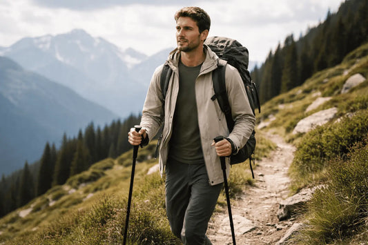 Mann beim Weitwandern in funktionaler Outdoor-Bekleidung, auf einem Naturpfad mit Rucksack und weitem Landschaftshintergrund.