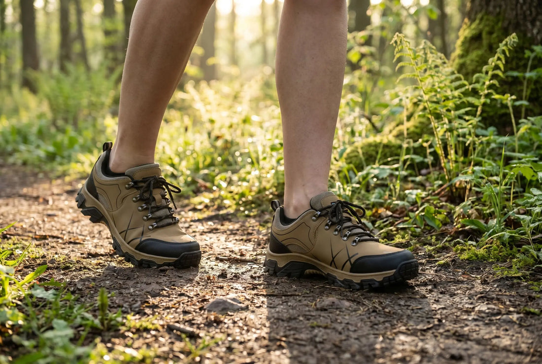 Beine einer Person mit neuen beigen Wanderschuhen auf einem Waldweg im Frühling – erste leichte Tour beim Einlaufen neuer Trekkingschuhe
