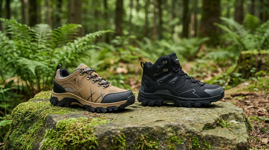 Vergleich zwischen niedrigem und hohem Wanderschuh auf einem Felsen im Wald – beiger Low-Cut Trekkingschuh und schwarzer High-Cut Wanderstiefel nebeneinander