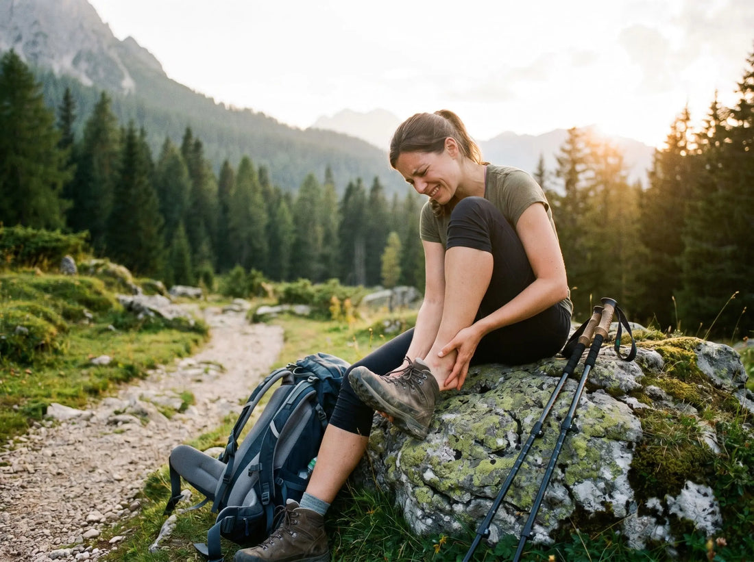 Wanderin sitzt auf einem Felsen in den Bergen und massiert ihren Knöchel – Fußschmerzen beim Wandern durch Plantarfasziitis