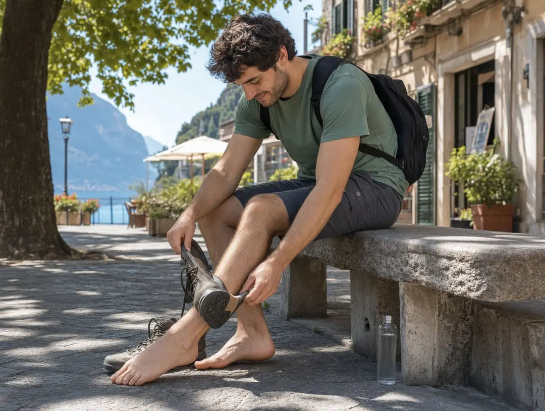 Mann zieht nach einem sommerlichen Spaziergang seine Schuhe aus und kühlt seine Füße an einem warmen Tag im Freien.