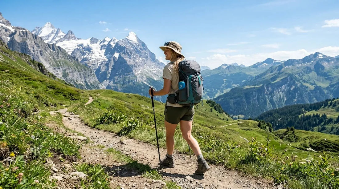Wanderin mit leichtem Outdoor-Outfit und Trinkflasche auf einer sonnigen Sommerwanderung in den Bergen.