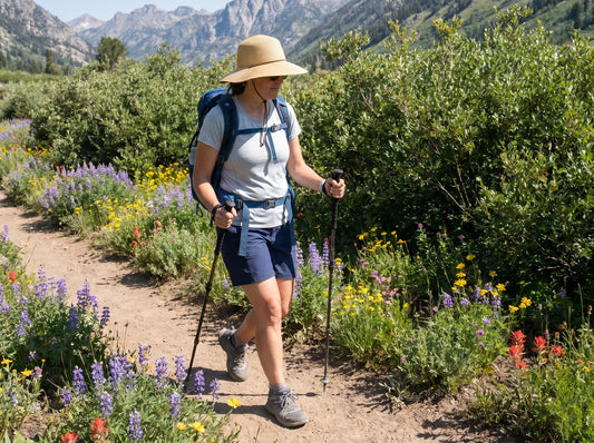 Frau wandert auf einem Bergpfad im Sommer mit vollständiger Ausrüstung – Sonnenhut, technisches Shirt, kurze Hose, Wanderschuhe und Trekkingstöcke zwischen bunten Wildblumen
