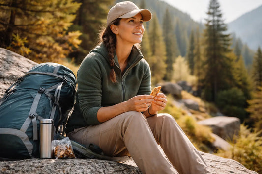 Wanderin sitzt auf einem Naturpfad und isst einen Snack neben ihrem Trekkingrucksack