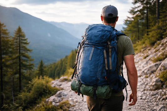 Wanderer auf einem Bergpfad mit gut sichtbarem Wanderrucksack beim Trekking