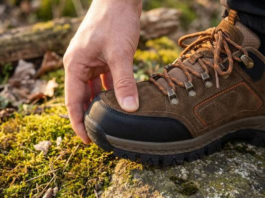 Hand drückt auf die Schuhspitze eines braunen Wanderschuhs um den Zehenraum zu prüfen – Tipp zur richtigen Schuhgröße beim Wandern