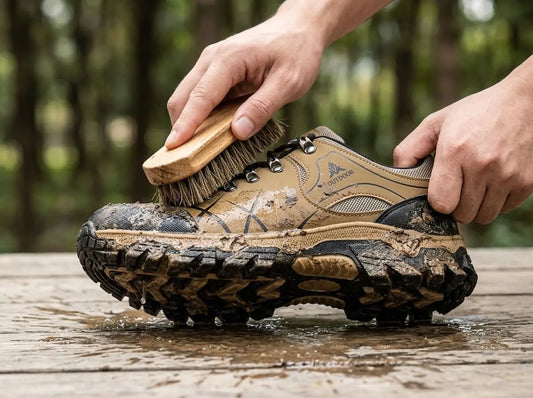 Hände reinigen einen schlammigen Wanderschuh mit einer Holzbürste auf einem nassen Holztisch im Freien – Pflege und Reinigung von Trekkingschuhen