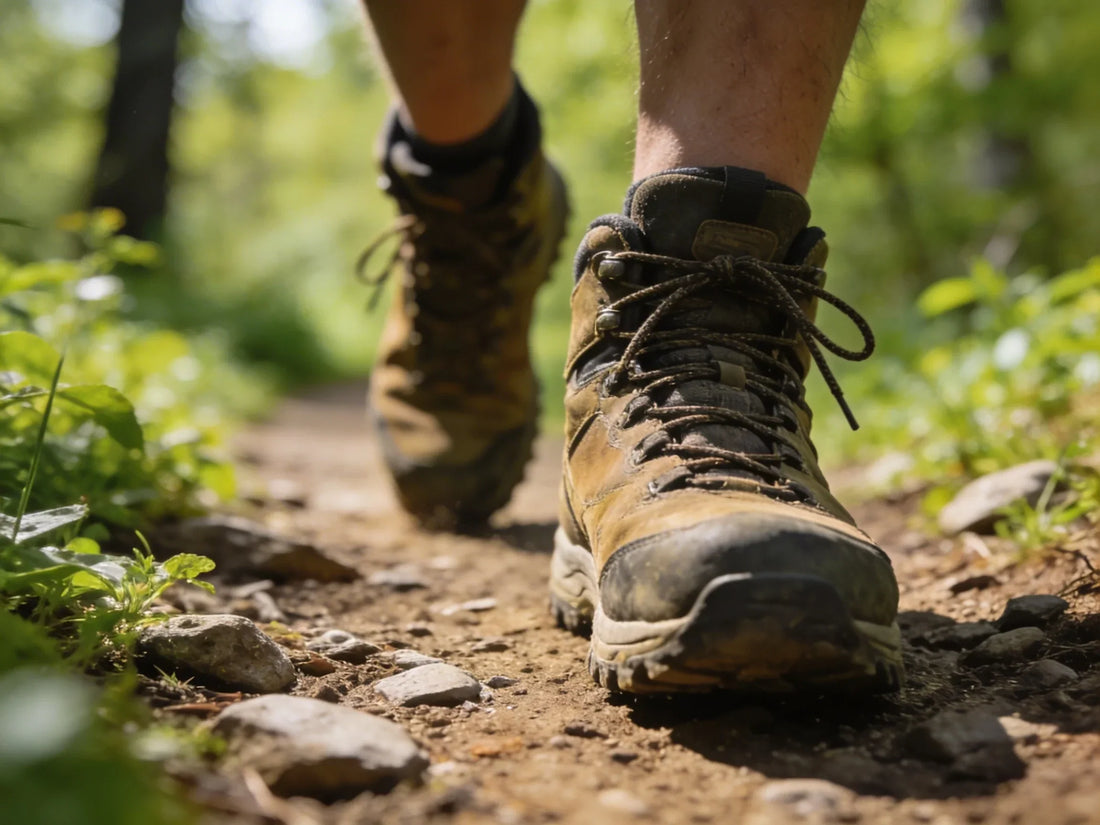 Nahaufnahme von Wanderschuhen auf einem Schotterweg im Wald – orthopädische Trekkingschuhe in Bewegung