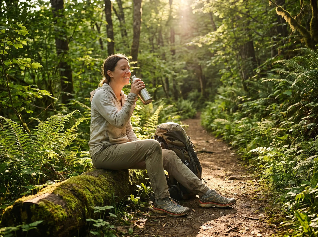 Wanderer trinkt während einer Sommerwanderung Wasser aus einer Trinkflasche und macht eine Pause in der Natur.