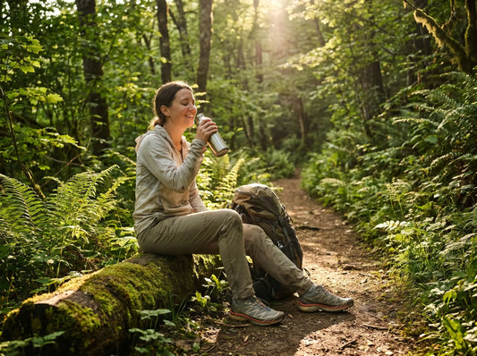 Wanderer trinkt während einer Sommerwanderung Wasser aus einer Trinkflasche und macht eine Pause in der Natur.