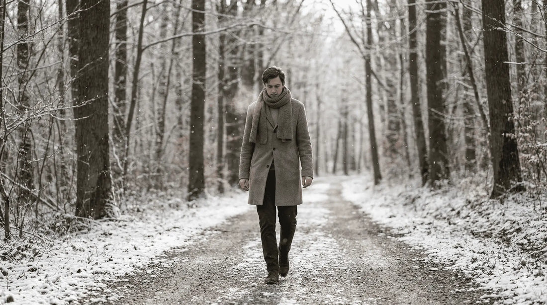 Mann geht ruhig durch einen verschneiten Wald und atmet frische Winterluft – ein Moment der Ruhe und des Wohlbefindens.